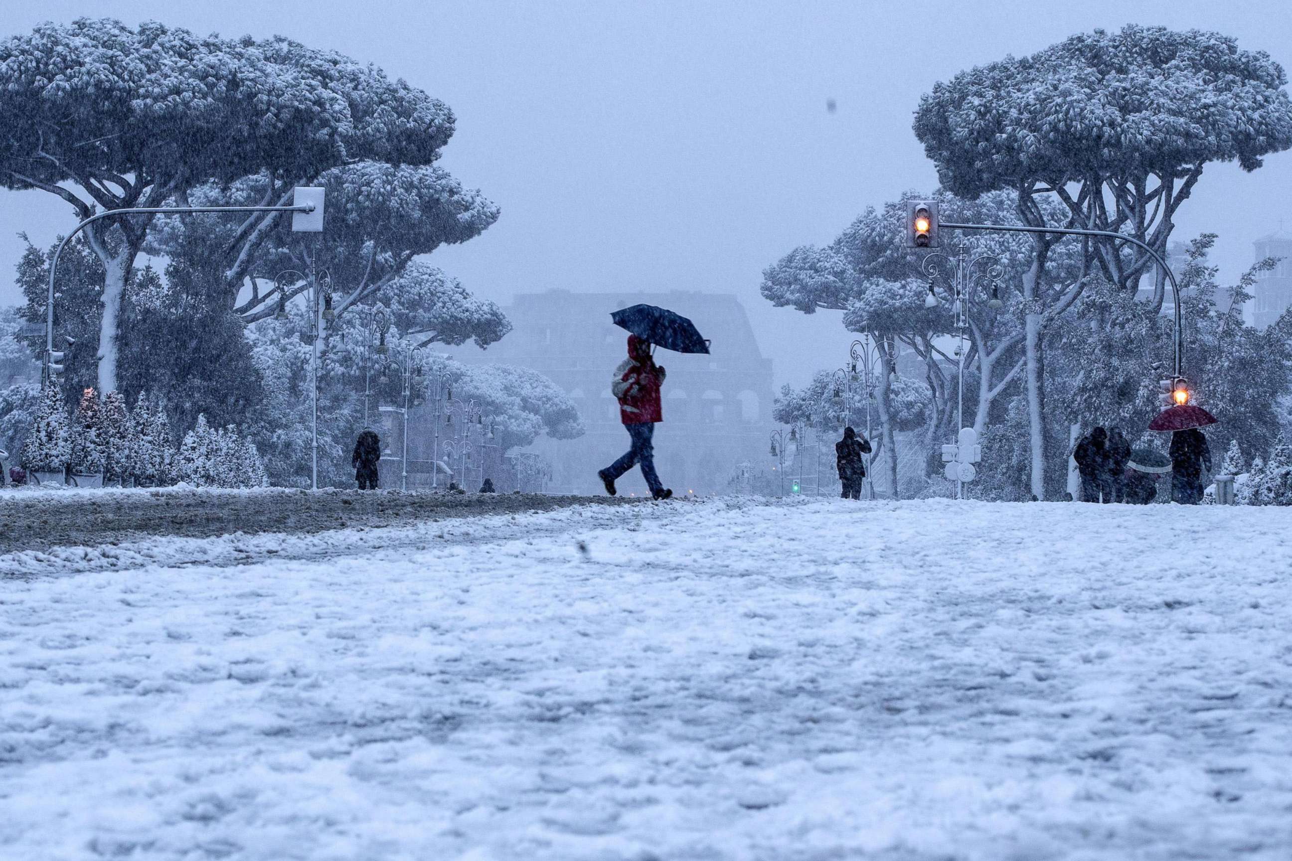 PHOTO: The Fori Imperiali covered by snow during a snowfall in Rome,Feb. 26, 2018.