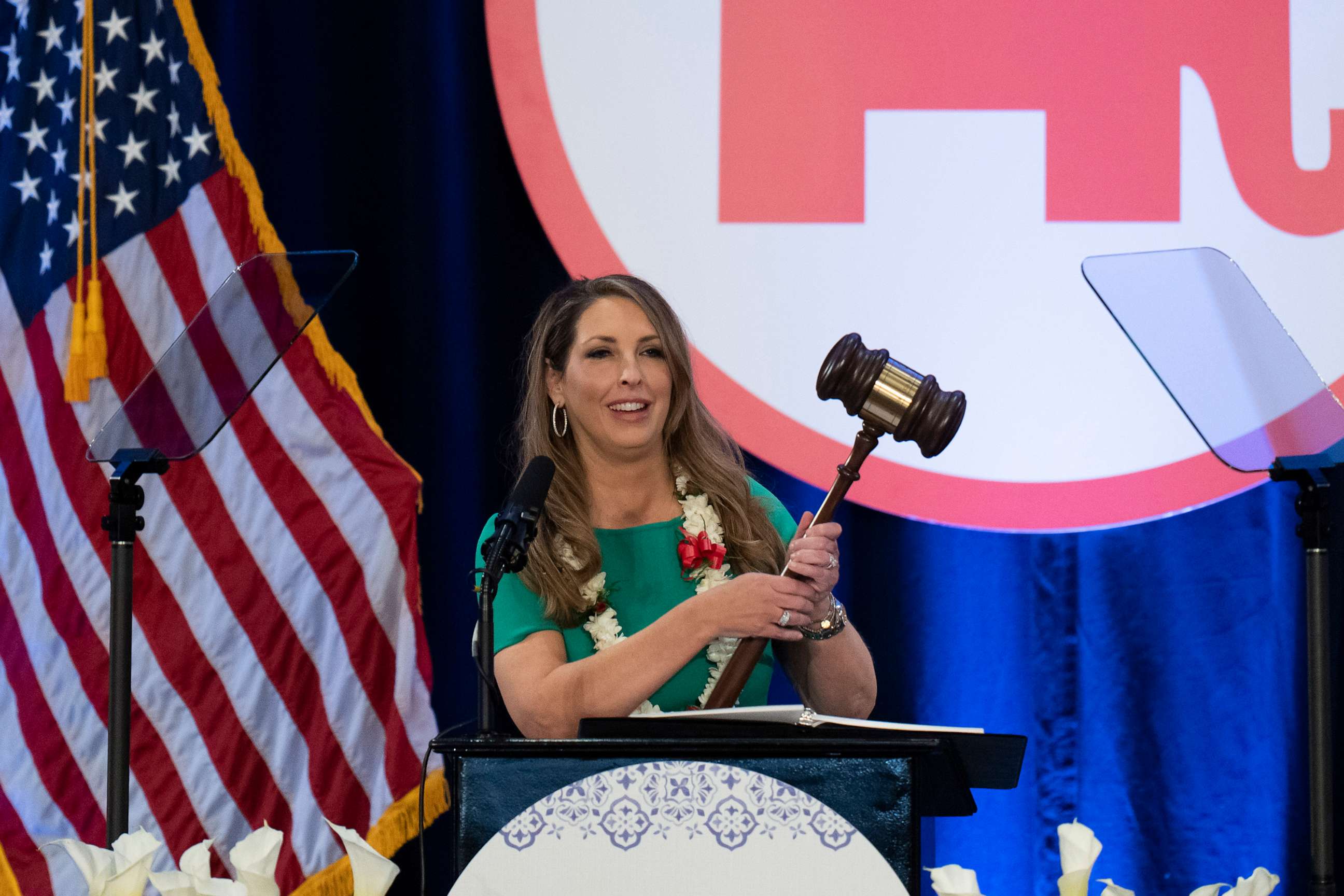 PHOTO: Re-elected Republican National Committee Chair Ronna McDaniel holds a gavel while speaking at the committee's winter meeting in Dana Point, Calif., on Jan. 27, 2023.