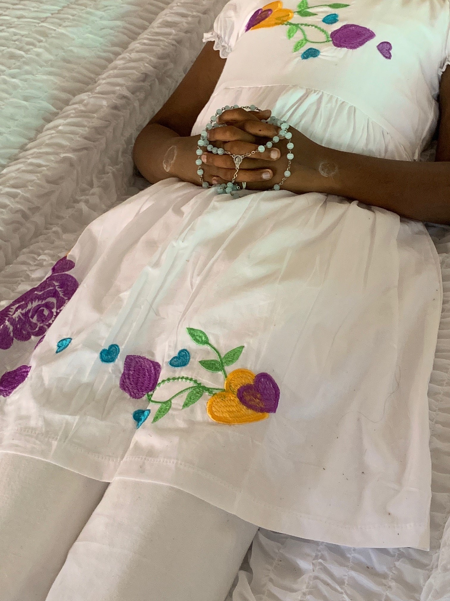 PHOTO: Rosary beads were placed in the hands of an 11-year-old girl killed in the Easter bombing attacks in Sri Lanka, at a wake in Negombo, Sri Lanka, April 23, 2019.