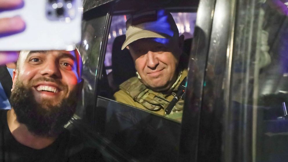 PHOTO: Yevgeny Prigozhin, the owner of the Wagner Group military company, right, sits inside a military vehicle on a street in Rostov-on-Don, Russia, Saturday, June 24, 2023, prior to leaving an area of the headquarters of the Southern Military District.