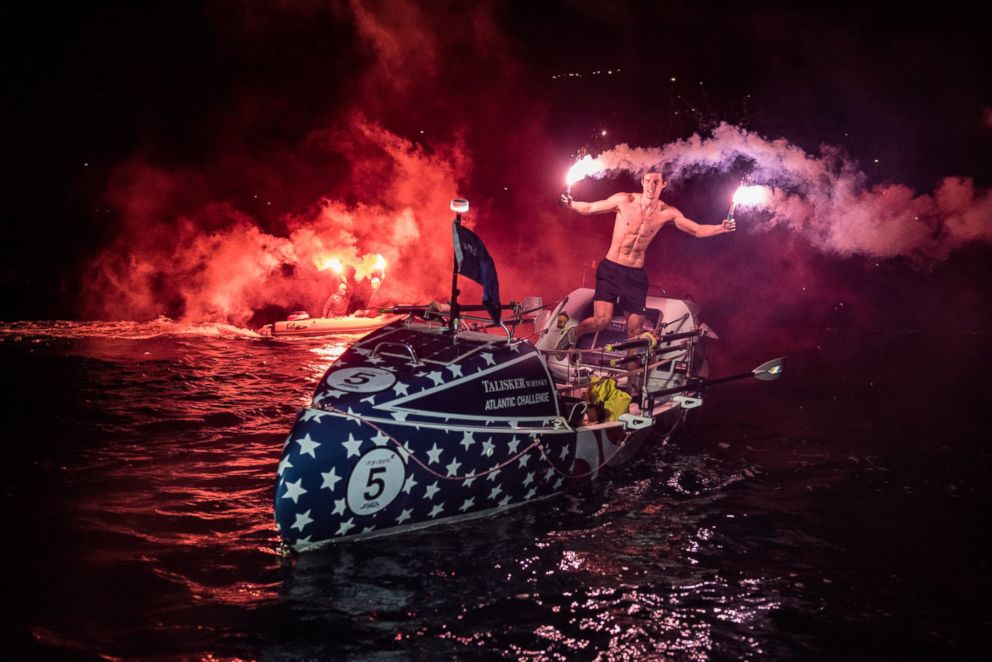 PHOTO: New Jersey native Oliver Crane, 19, celebrated becoming the youngest person to row solo across the Atlantic Ocean, on the Caribbean island of Antigua, on Jan. 28, 2018.