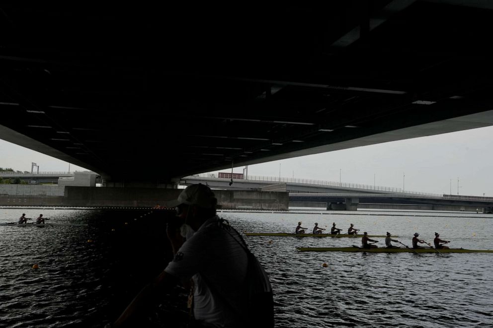 PHOTO: Rowers train during a rowing training session at the 2020 Summer Olympics, Monday, July 26, 2021, in Tokyo, Japan.
