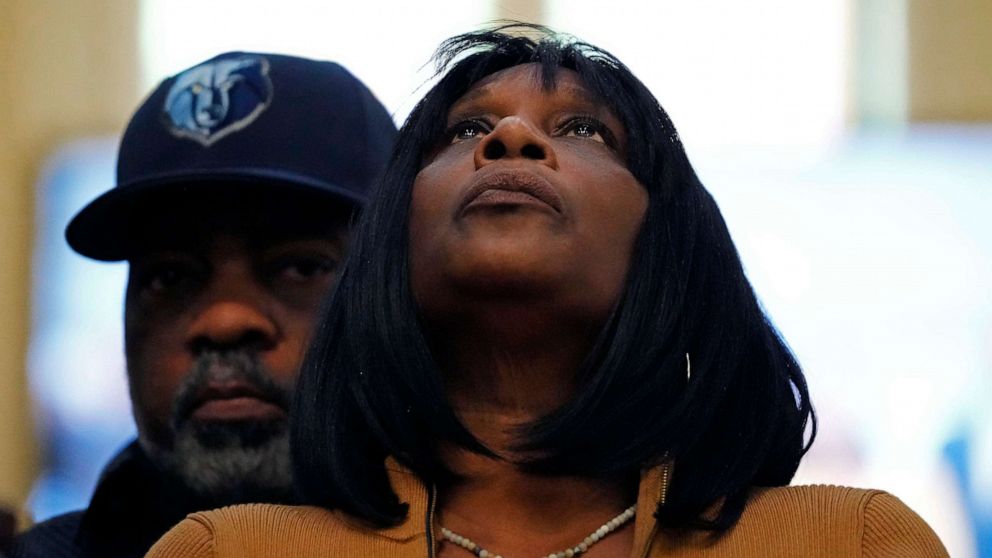 PHOTO: RowVaughn Wells, mother of Tyre Nichols, who died after being beaten by Memphis police officers, is comforted by Tyre's stepfather Rodney Wells, at a news conference with civil rights Attorney Ben Crump in Memphis, Tenn., on Jan. 27, 2023.