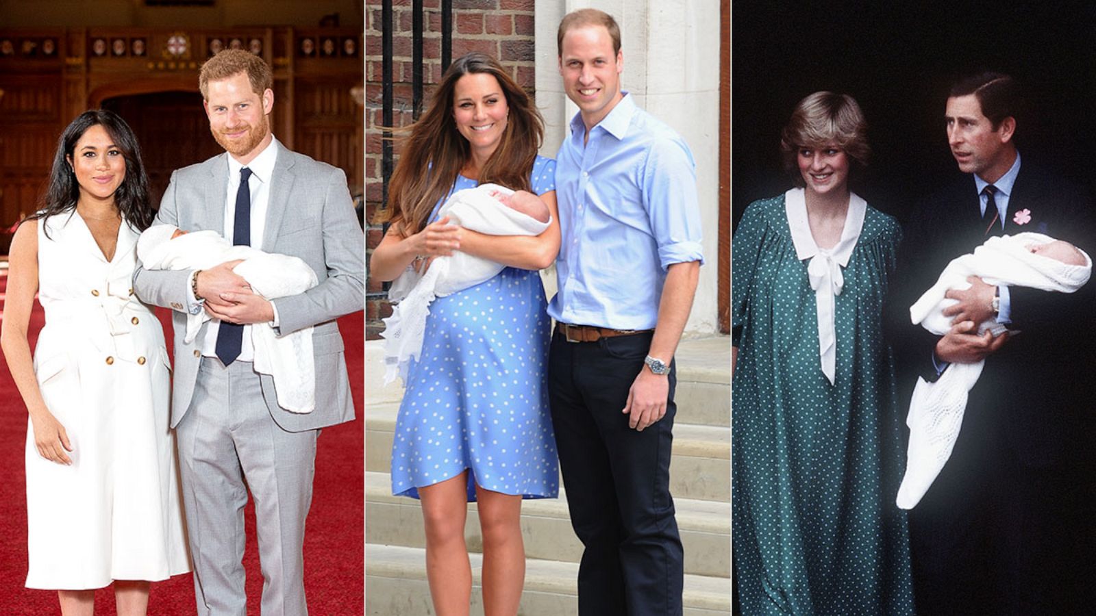 PHOTO: Prince Harry and Meghan, Duchess of Sussex, pose with their newborn son, May 8, 2019. Catherine,and Prince William with their newborn son, July 23, 2013, in London. Prince Charles and Diana, Princess of Wales leave with baby Prince William.