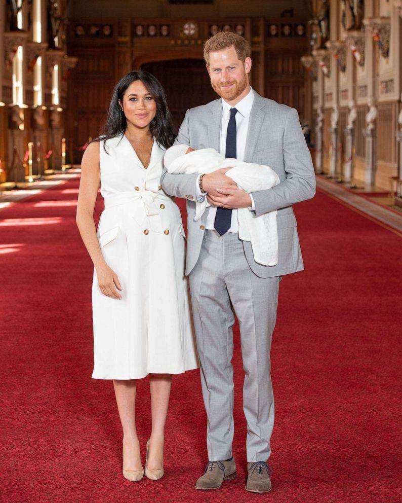 PHOTO: Prince Harry and Meghan, Duchess of Sussex, pose with their newborn son, May 8, 2019. Catherine,and Prince William with their newborn son, July 23, 2013, in London. Prince Charles and Diana, Princess of Wales leave with baby Prince William.