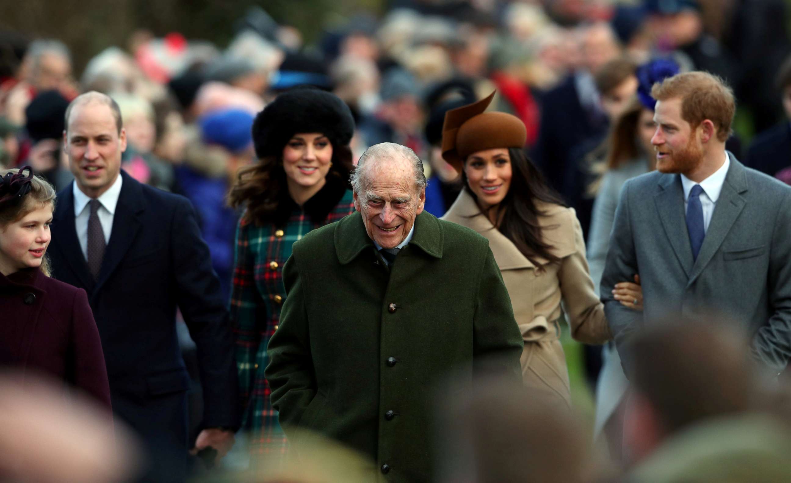 PHOTO: Britain's Prince Philip, the Duke of Edinburgh, leads members of the royal family as they arrive to attend the Christmas Day church service on the Sandringham estate in eastern England, Dec. 25, 2017.