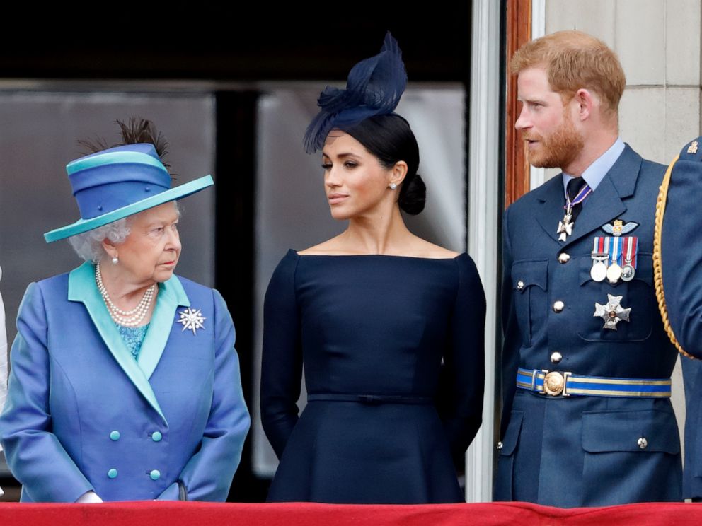 PHOTO: Queen Elizabeth II, Meghan, Duchess of Sussex and Prince Harry, Duke of Sussex watch a flypast to mark the centenary of the Royal Air Force from the balcony of Buckingham Palace, July 10, 2018, in London.