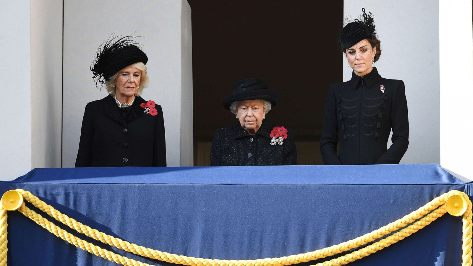 PHOTO: Camilla Duchess of Cornwall, Queen Elizabeth II and Catherine Duchess of Cambridge at the Cenotaph on Whitehall during the Remembrance Sunday day service in London, Nov. 10, 2019.