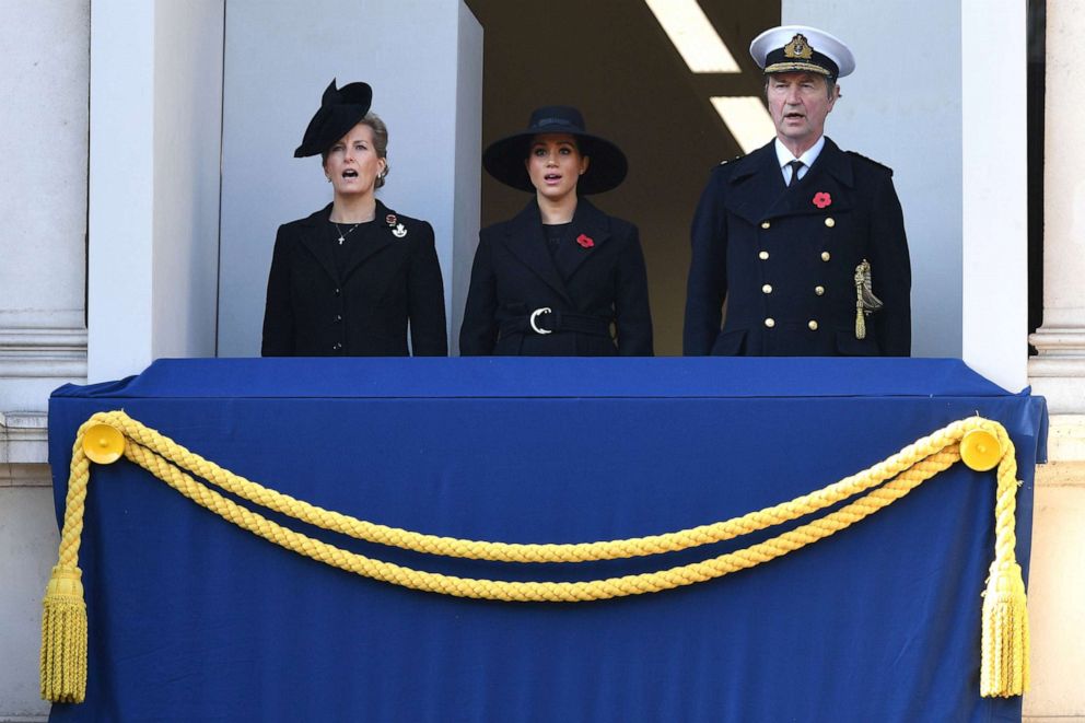 PHOTO: Sophie, Countess of Wessex, Meghan, Duchess of Sussex and Vice Admiral Timothy Laurence attend the Remembrance Sunday ceremony at the Cenotaph on Whitehall in central London, Nov. 10, 2019. 