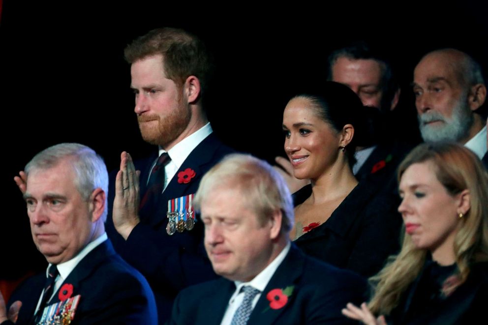 PHOTO: Prince Harry, Duke of Sussex and Meghan, Duchess of Sussex and Carrie Symonds attend the annual Royal British Legion Festival of Remembrance at the Royal Albert Hall in London, Nov. 9, 2019. 