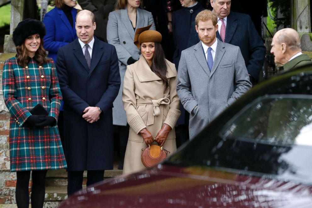 PHOTO: From left, Kate, Duchess of Cambridge, Prince William, Meghan Markle, Prince Harry and Prince Philip arrive to the traditional Christmas Days service, at St. Mary Magdalene Church in Sandringham, England, Dec. 25, 2017.