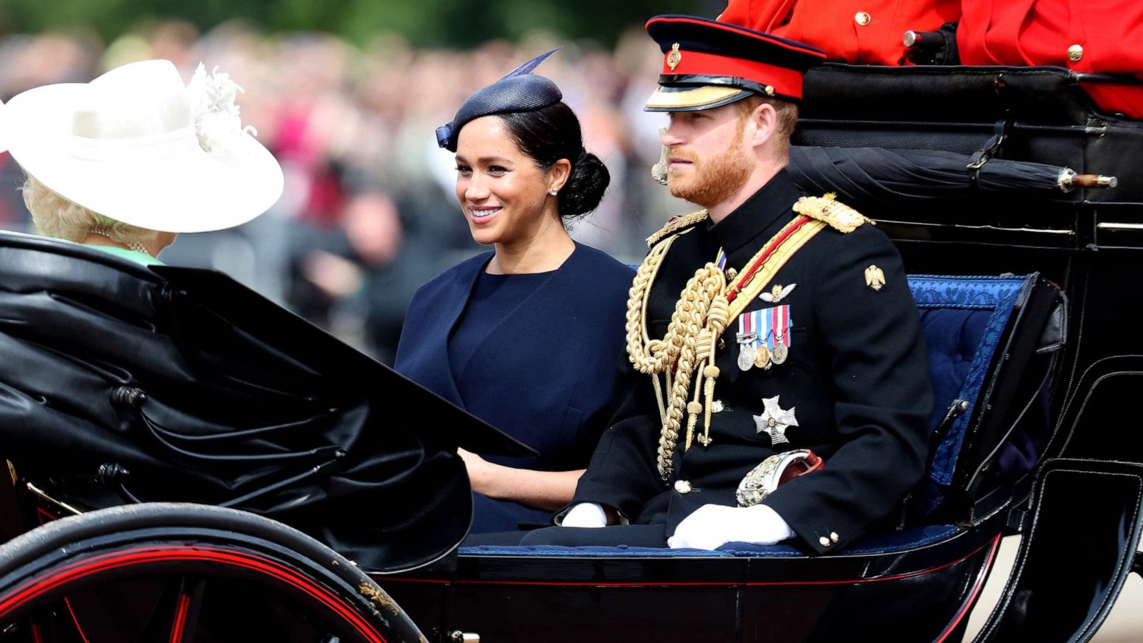 PHOTO: Meghan, Duchess of Sussex and Prince Harry, Duke of Sussex arrive at Trooping The Colour, the Queen's annual birthday parade, on June 08, 2019, in London.