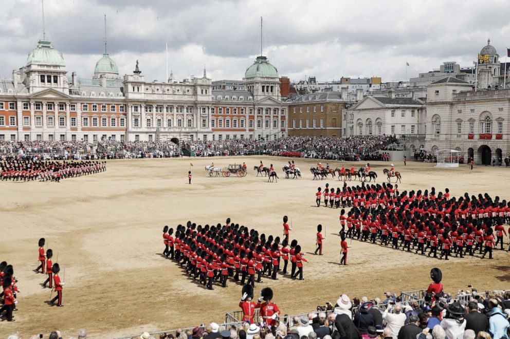 PHOTO: Britain's Queen Elizabeth II in driven in a horse-drawn carriage around Horseguards parade during her Birthday Parade, Trooping the Colour, in London on June 8, 2019.