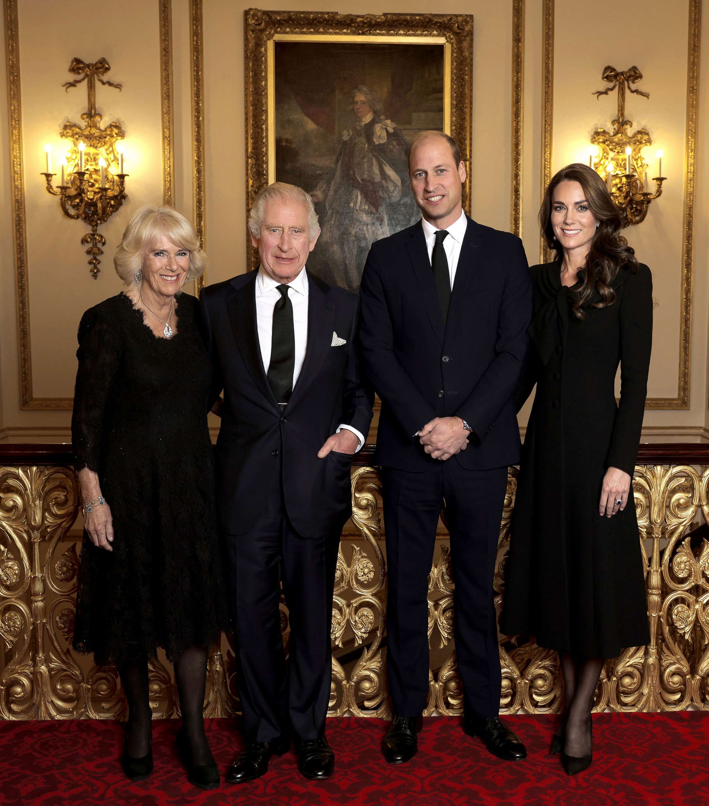 PHOTO: Camilla, the Queen Consort, Britain's King Charles III, Prince William and Kate, Princess of Wales, pose ahead of the reception for Heads of State and Official Overseas Guests at Buckingham Palace, London, Sept. 18, 2022.