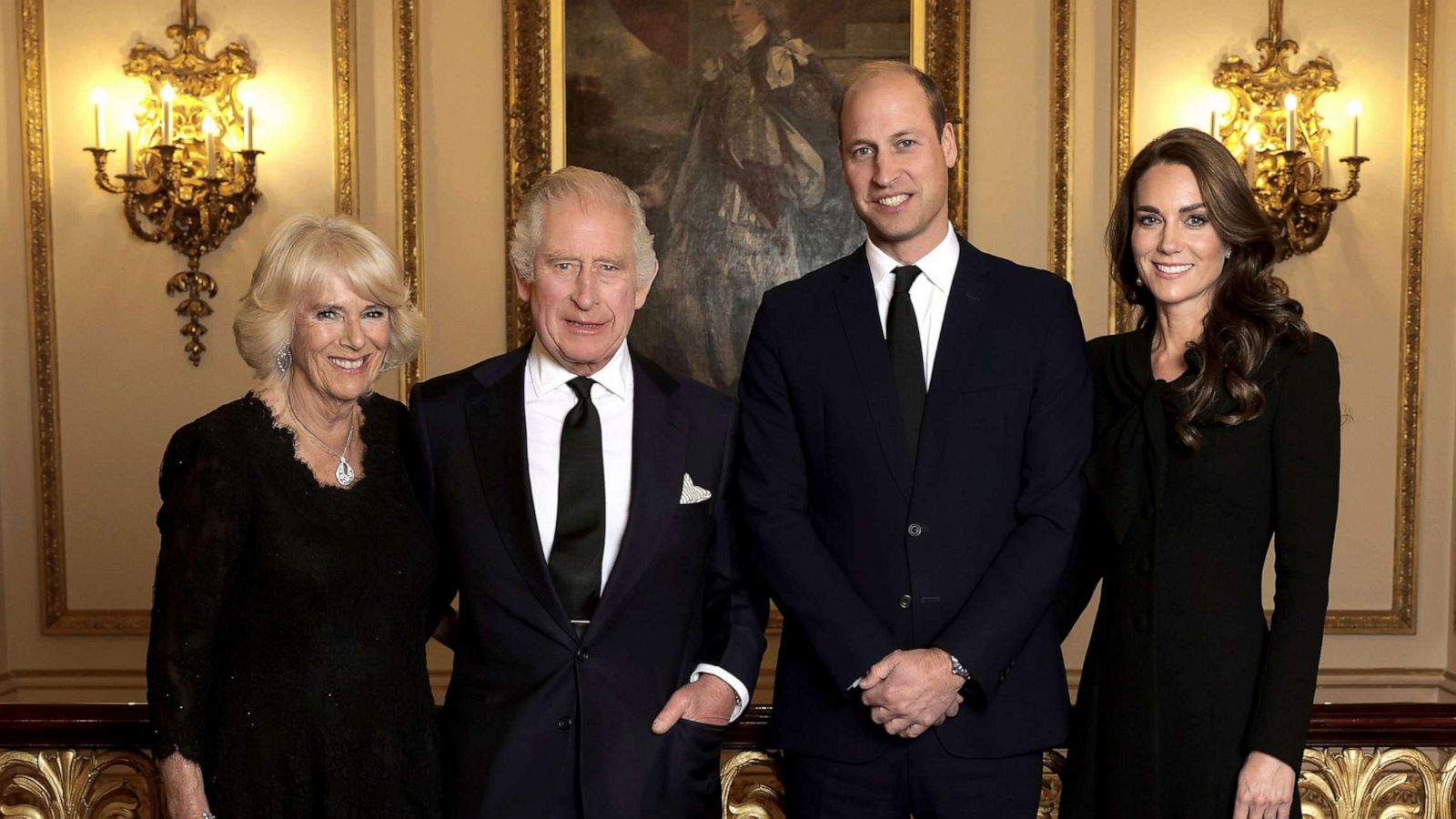 PHOTO: Camilla, the Queen Consort, Britain's King Charles III, Prince William and Kate, Princess of Wales, pose ahead of the reception for Heads of State and Official Overseas Guests at Buckingham Palace, London, Sept. 18, 2022.