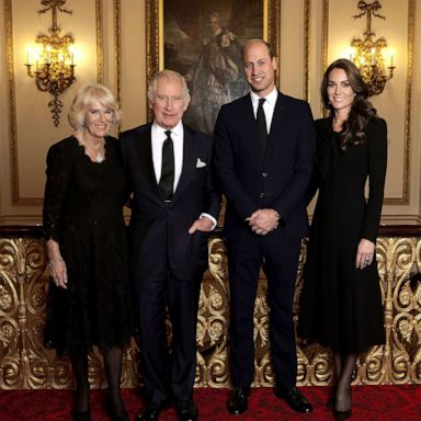 PHOTO: Camilla, the Queen Consort, Britain's King Charles III, Prince William and Kate, Princess of Wales, pose ahead of the reception for Heads of State and Official Overseas Guests at Buckingham Palace, London, Sept. 18, 2022.