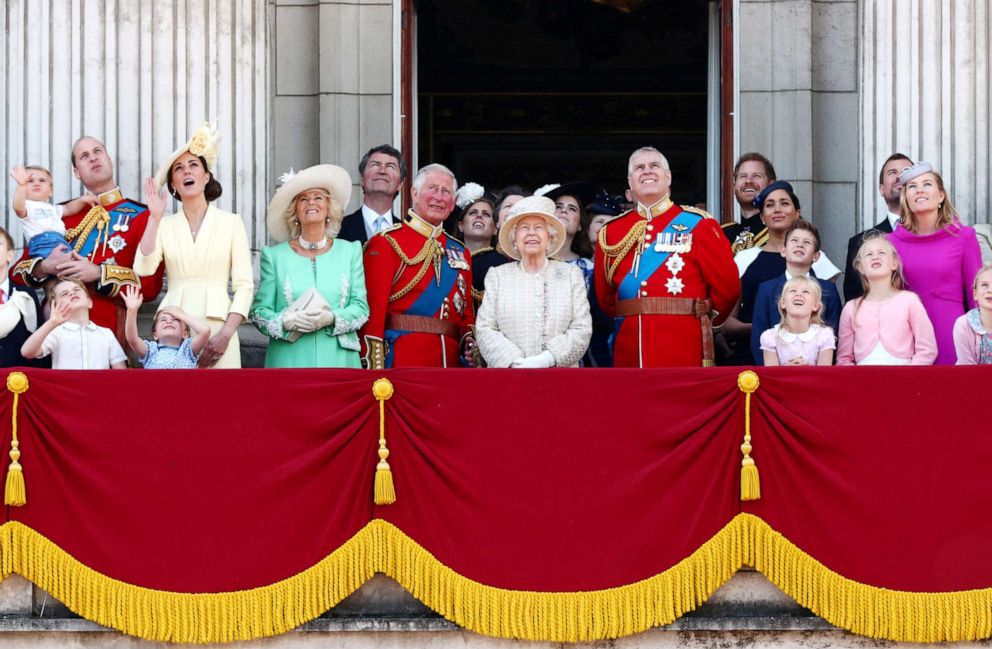 PHOTO: Britain's Queen Elizabeth, Prince Charles, Prince Harry, Prince William and Catherine, Duchess of Cambridge, along with other members of the British royal family, attend Trooping the Colour parade in London, June 8, 2019.