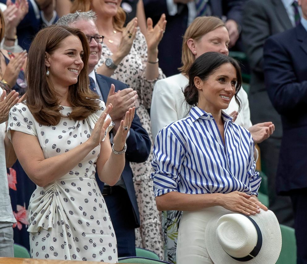 PHOTO: Catherine, Duchess of Cambridge and Meghan, Duchess of Sussex attend the match between Novak Djokovic (SRB) and Rafael Nadal (ESP) on day 12 at All England Lawn and Croquet Club in London, July 14, 2018.