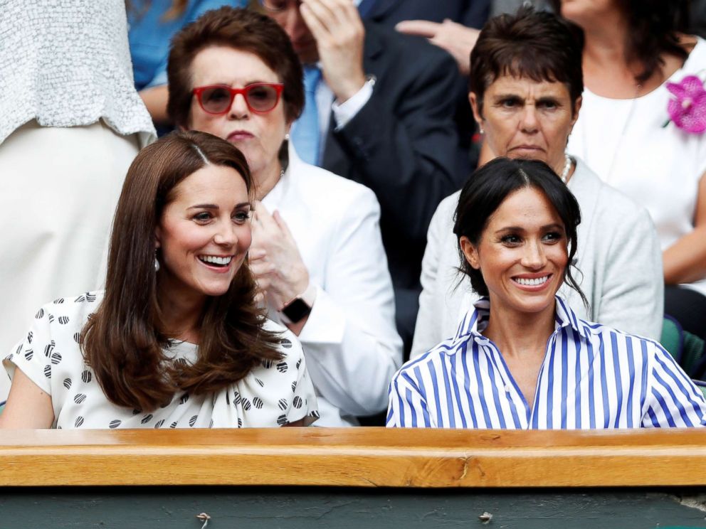 PHOTO: Britains Catherine, Duchess of Cambridge and Meghan, Duchess of Sussex watch Serena Williams of the U.S. play the womens singles final against Germanys Angelique Kerber at All England Lawn Tennis and Croquet Club in London, July 14, 2018.