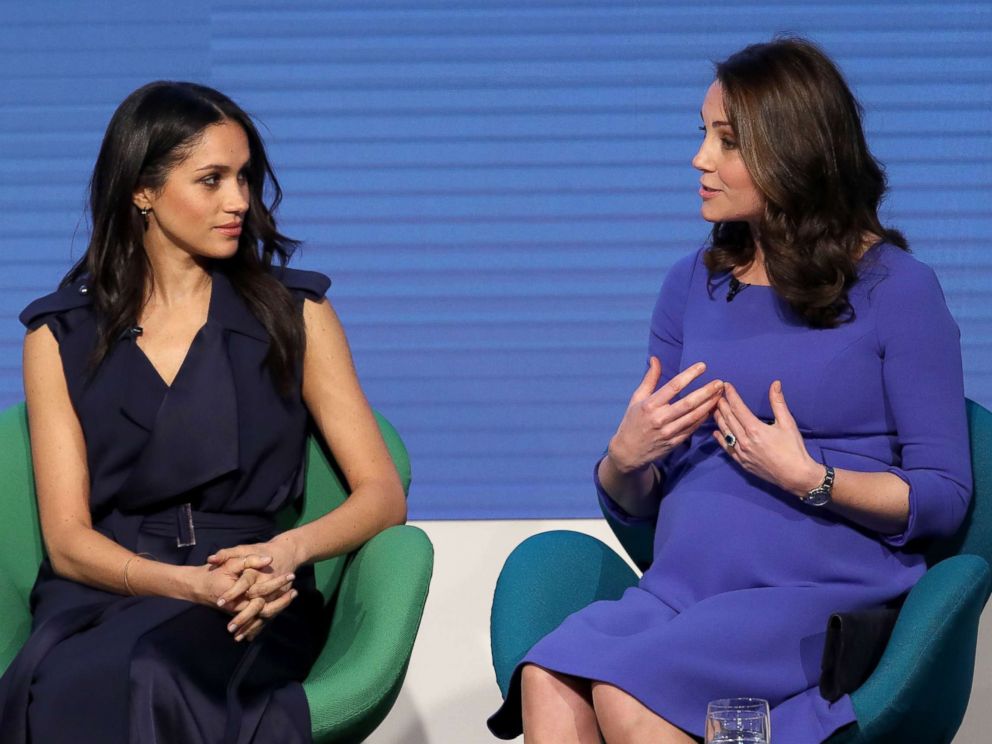 PHOTO: Meghan Markle, left, and Britains Catherine Duchess of Cambridge attend the first annual Royal Foundation Forum, Feb. 28, 2018, in London.