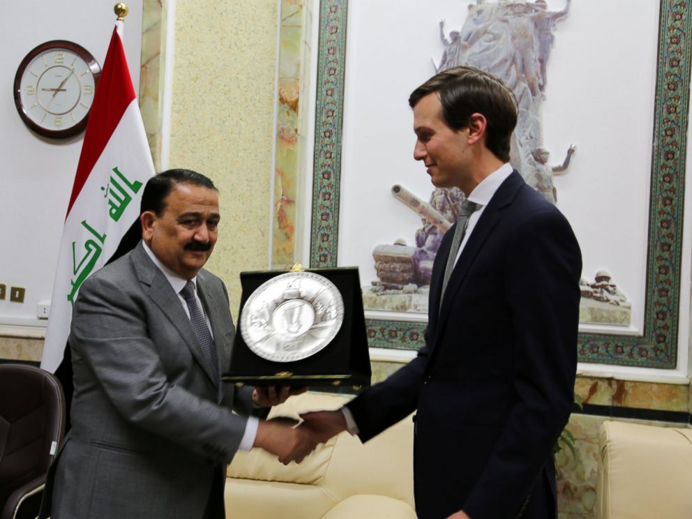 PHOTO: Iraqs Defence Minister Erfan al-Hiyali (L), welcomes U.S. President Donald Trumps son-in-law and senior advisor Jared Kushner in Baghdad, April 3, 2017.