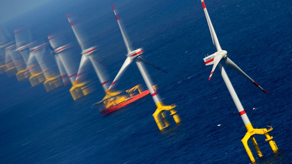 Wind turbines of the high-sea wind farm BARD Offshore 1, stand 62 miles northwest of the German island of Borkum in the North Sea, Aug. 26, 2013.