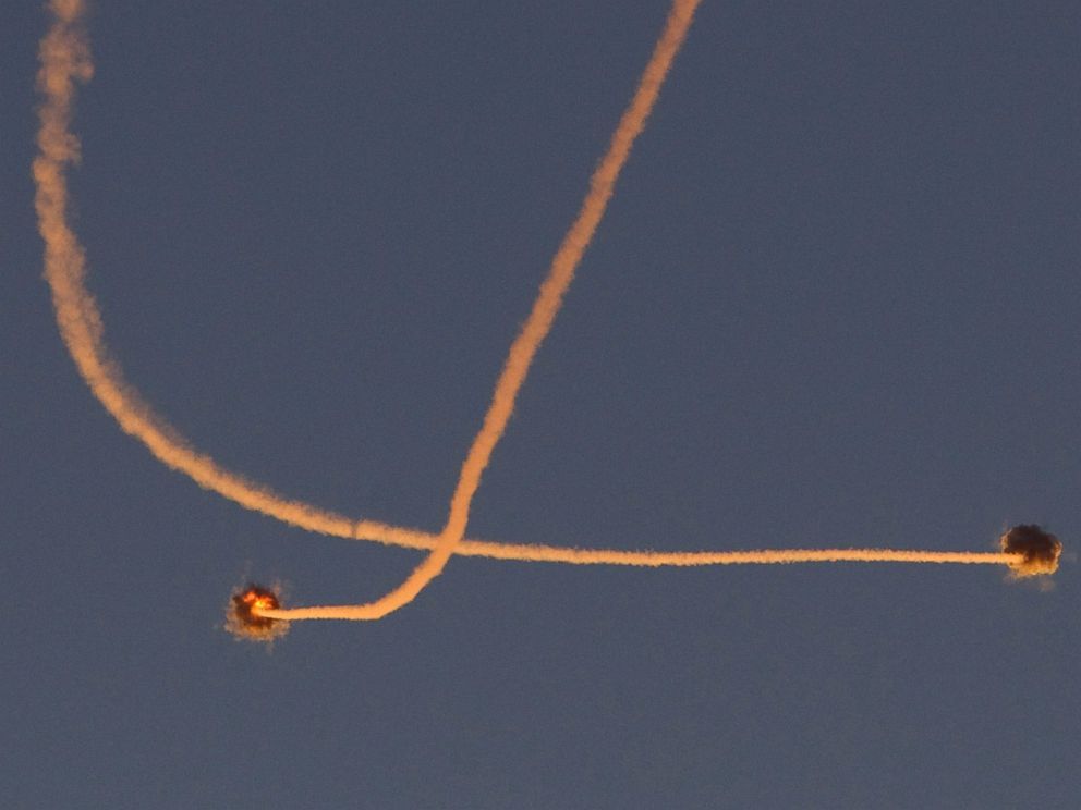PHOTO: Smoke trails are seen as an Iron Dome intercepts a rocket which was launched from Gaza, near the southern town of Sderot November 15, 2012.