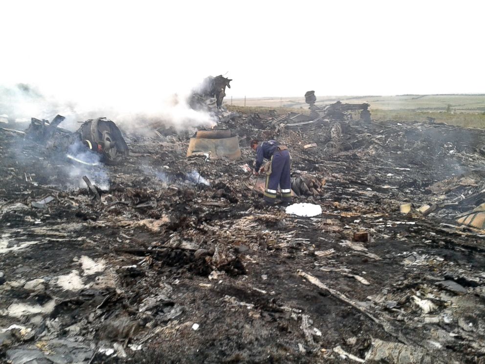 PHOTO: An Emergencies Ministry member works at the site of a Malaysia Airlines Boeing 777 plane crash in the settlement of Grabovo in the Donetsk region, July 17, 2014. 