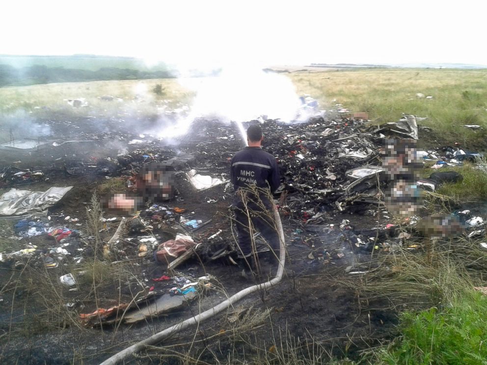 PHOTO: A man works at putting out a fire at the site of a Malaysia Airlines Boeing 777 plane crash in the settlement of Grabovo in the Donetsk region, July 17, 2014.
