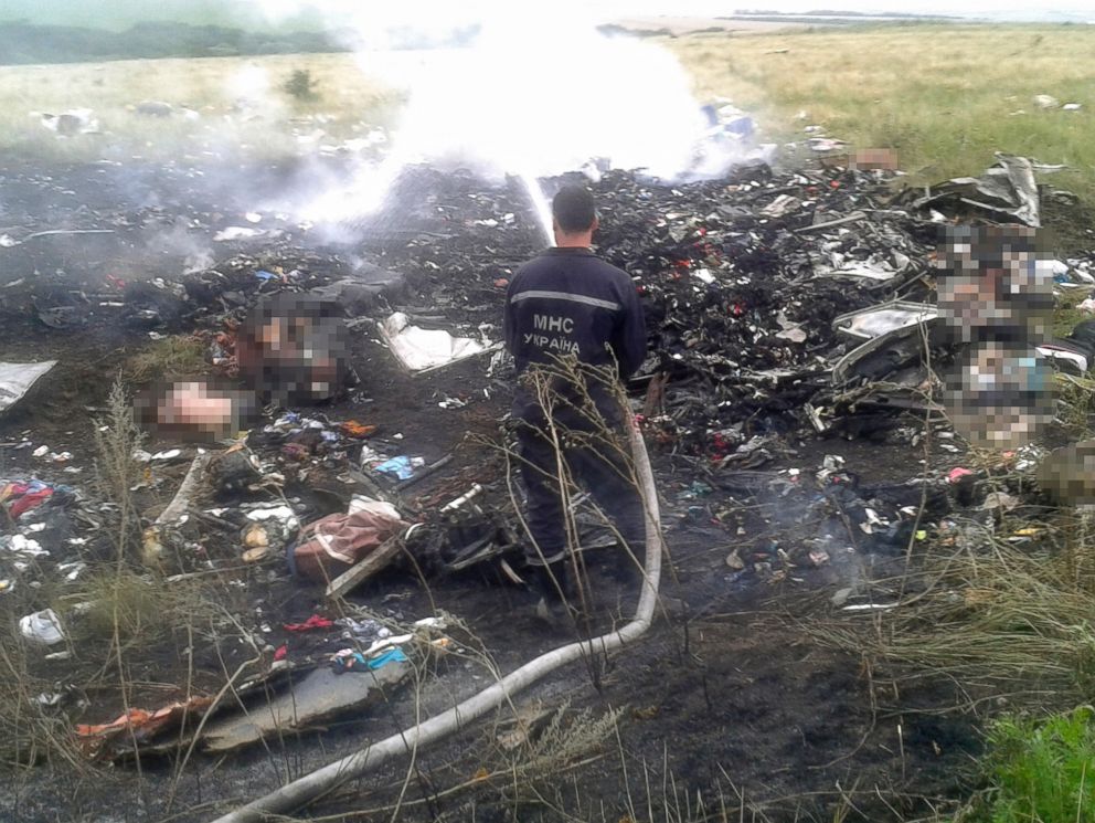 PHOTO: A man works at putting out a fire at the site of a Malaysia Airlines Boeing 777 plane crash in the settlement of Grabovo in the Donetsk region, July 17, 2014. 