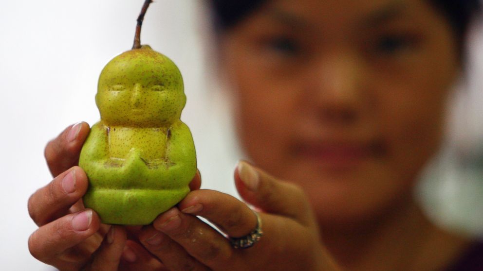 A Buddha shaped pear is displayed at an orchard in Weixian county, Hebei province, Sept. 10, 2009. Hao Xianzhang, a local farmer, spent six years perfecting the process by growing the pears inside molds.