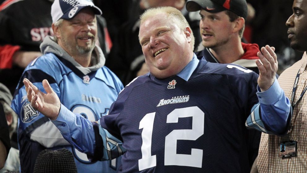 Toronto Mayor Rob Ford watches the CFL eastern final football game between the Toronto Argonauts and the Hamilton Tiger Cats in Toronto, Nov. 17, 2013. 