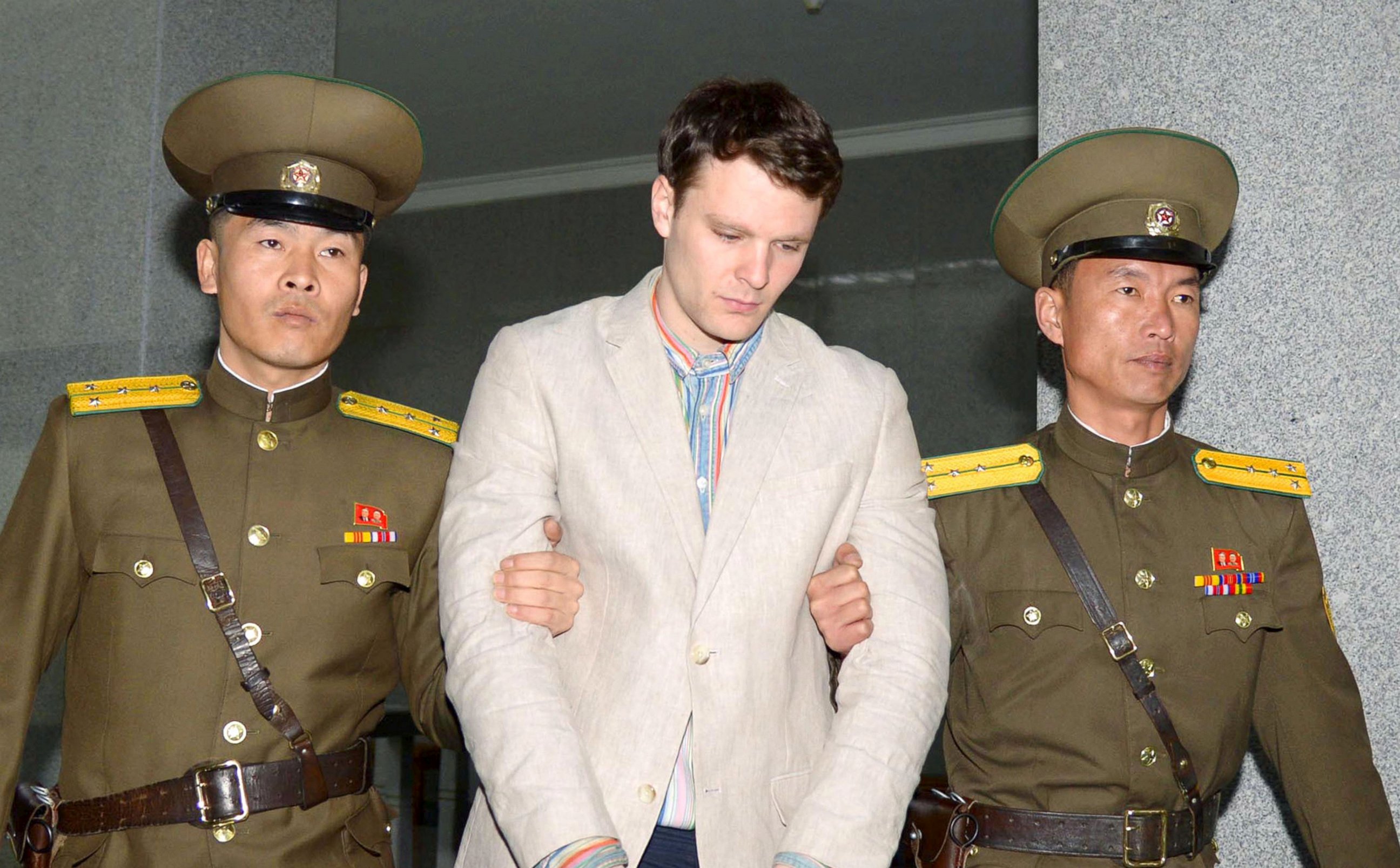 PHOTO: Otto Frederick Warmbier, a University of Virginia student who was detained in North Korea, is taken to North Korea's top court in Pyongyang, in this photo released on March 16, 2016.