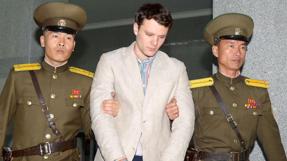 Otto Frederick Warmbier, a University of Virginia student who was detained in North Korea, is taken to North Korea's top court in Pyongyang, in this photo released on March 16, 2016.