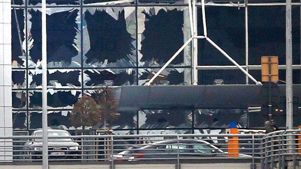 PHOTO: Broken windows seen at the scene of explosions at Zaventem airport near Brussels, Belgium, March 22, 2016.