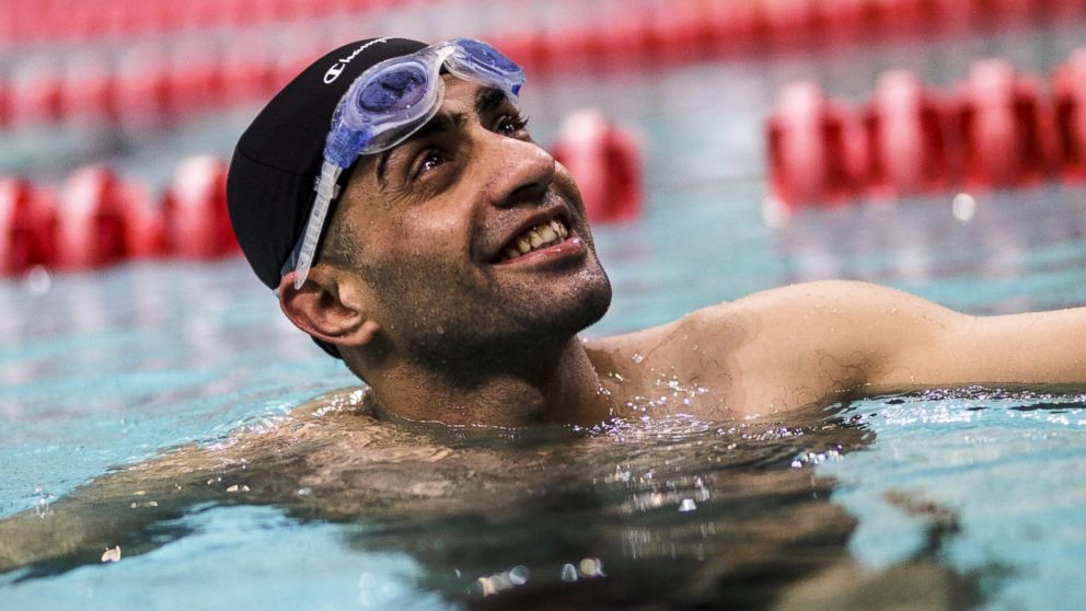 PHOTO: Ibrahim al-Hussein, a 27-year old refugee from Syria, is seen during a swimming training session in this handout photo provided by the United Nations High Commissioner for Refugees, in Athens, April 11, 2016.