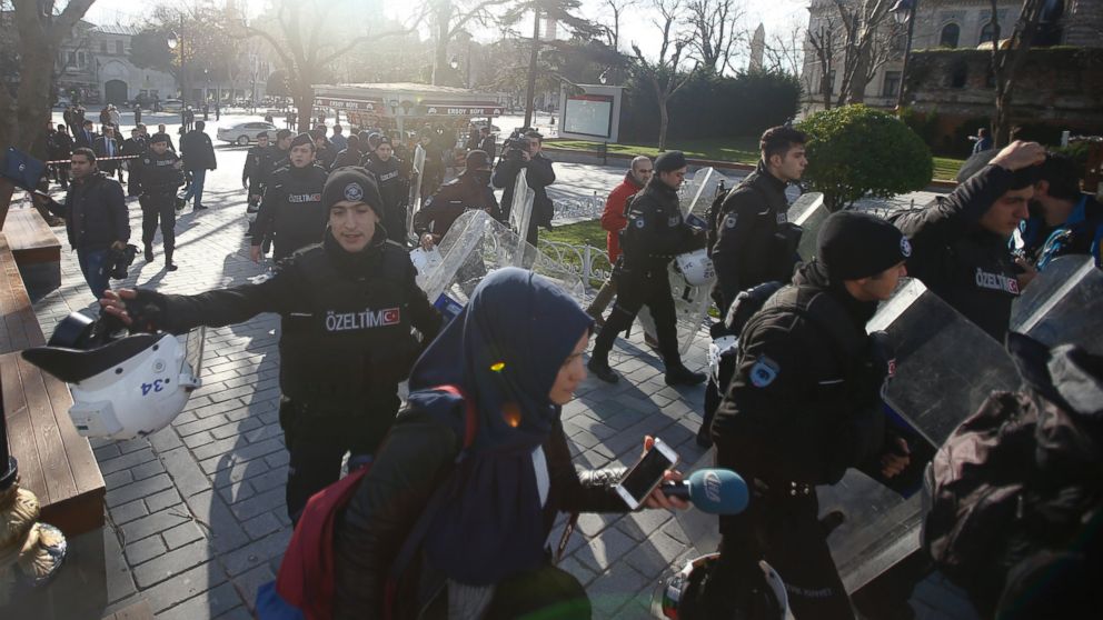 Police secure the area after an explosion in central Istanbul, Turkey, Jan. 12, 2016.
