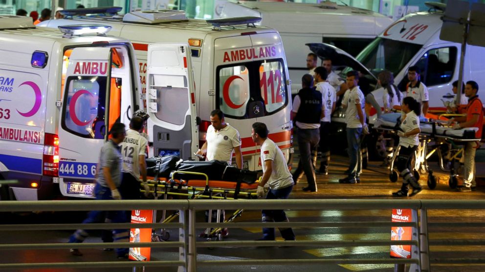 PHOTO: Paramedics push a stretcher at Turkey's largest airport, Istanbul Ataturk, Turkey, following a blast June 28, 2016.