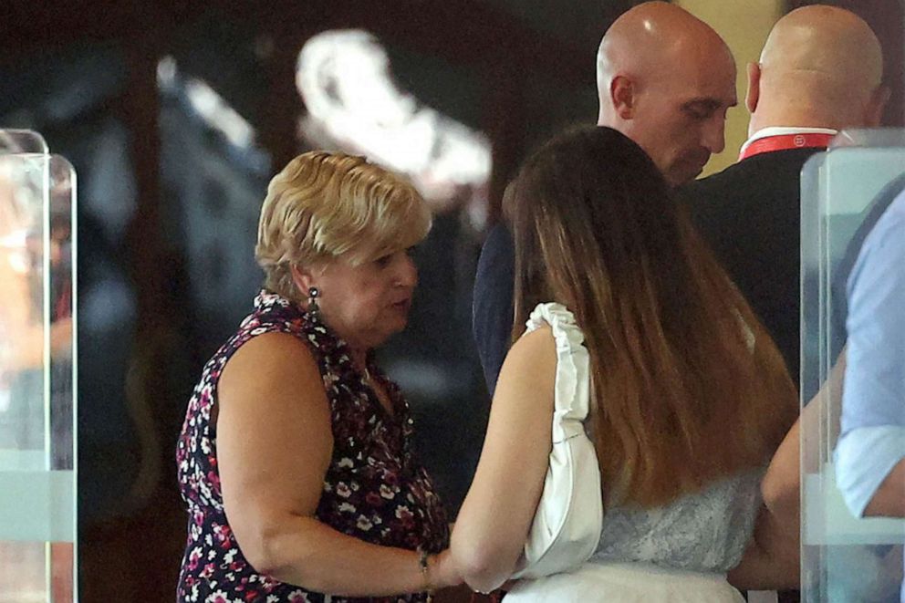 PHOTO: FILE - Luis Rubiales president of the Spanish Royal Football Federation (RFEF) flanked by his mother Angeles Bejar is pictured after attending an extraordinary general assembly of the federation, Aug. 25, 2023 in Las Rozas de Madrid.