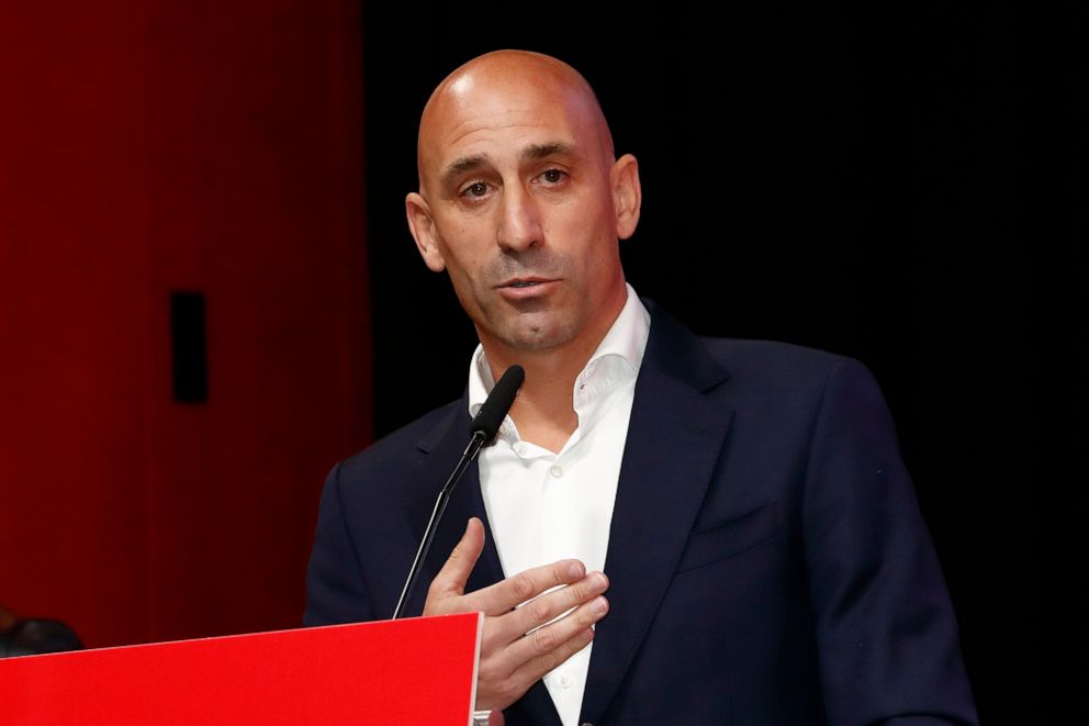 PHOTO: The president of the Spanish soccer federation Luis Rubiales speaks during an emergency general assembly meeting in Las Rozas, Aug. 25, 2023.