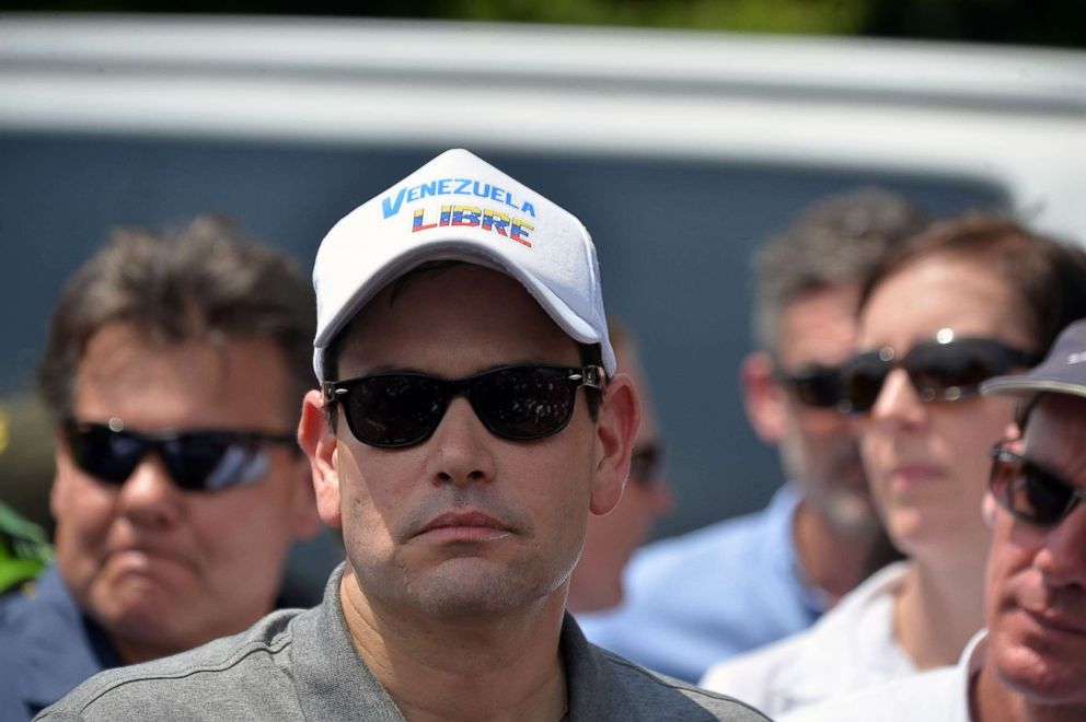 PHOTO: Senator Marco Rubio wears a cap reading "Free Venezuela" as he walks at the Simon Bolivar international bridge in Cucuta, Colombia, border with San Antonio de Tachira, Venezuela, Feb. 17, 2019.