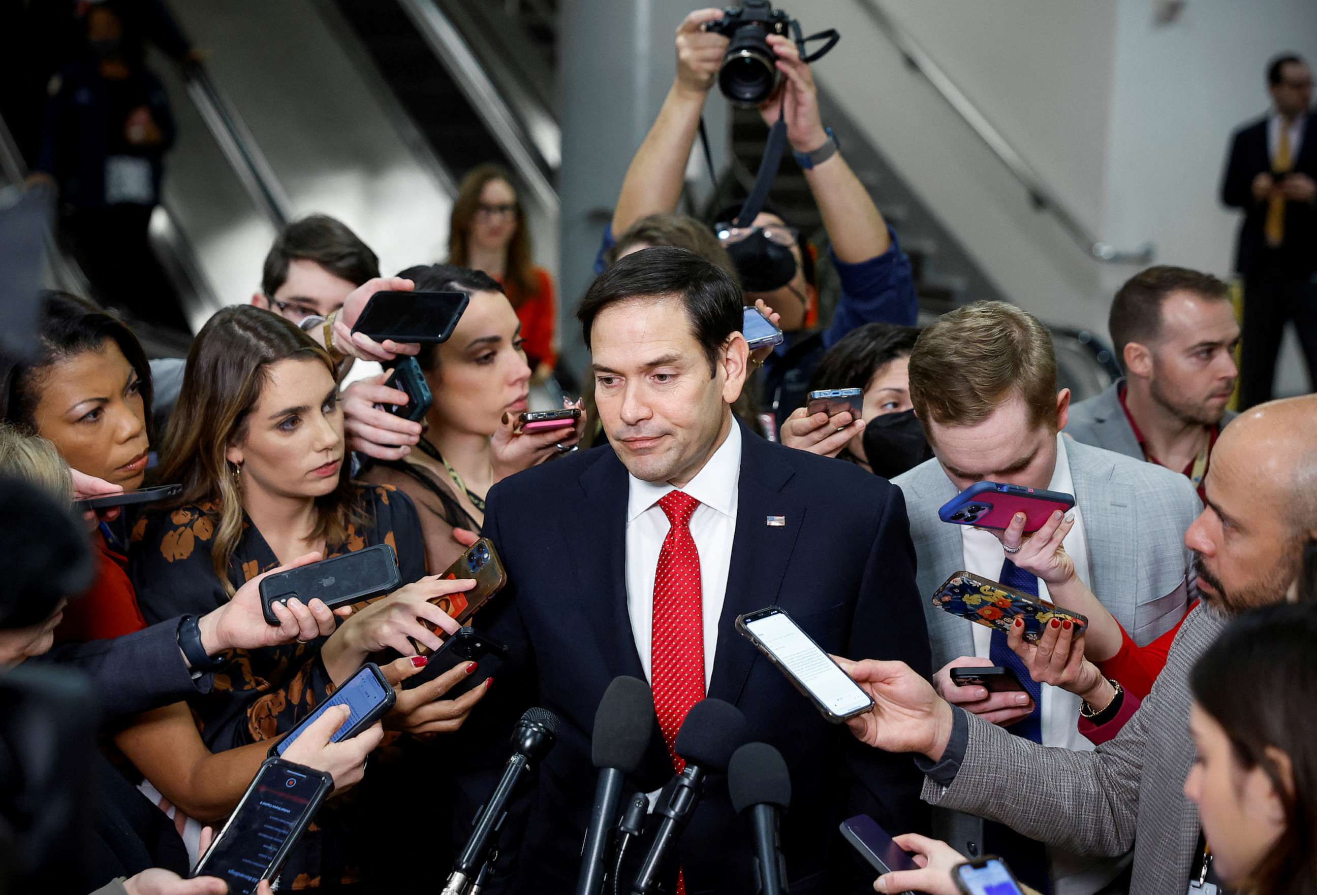 PHOTO: Republican Sen. Marco Rubio speaks to the media following a classified briefing for senators about the latest unknown objects shot down by the U.S. military, on Capitol Hill in Washington, Feb. 14, 2023.