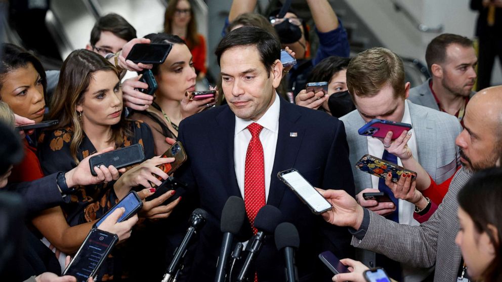 PHOTO: Republican Sen. Marco Rubio speaks to the media following a classified briefing for senators about the latest unknown objects shot down by the U.S. military, on Capitol Hill in Washington, Feb. 14, 2023.
