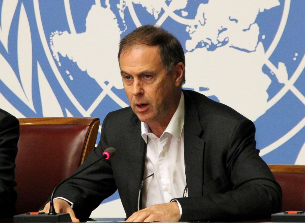 PHOTO: Rupert Colville, spokesperson for the UN High Commissioner for Human Rights (OHCHR), speaks to media about Syrian army stage air-strike over civilians in Douma, Aug. 18, 2015, in Geneva, Switzerland. 