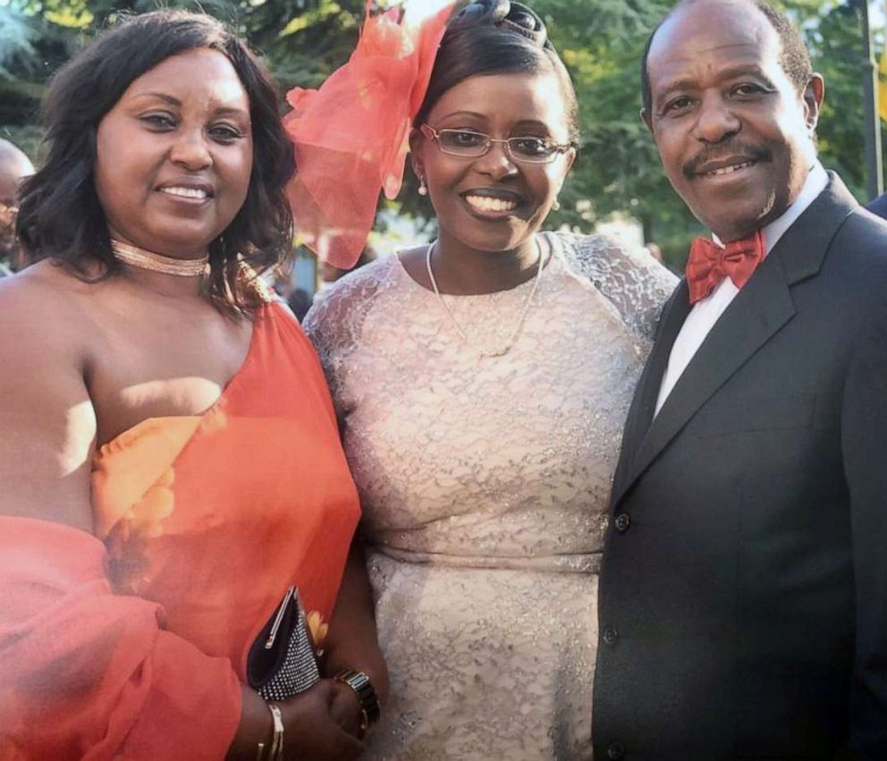 PHOTO: Paul Rusesabagina (right) is pictured with his wife, Taciana Rusesabagina (left), and their daughter, Lys Rusesabagina (center), at his 60th birthday party in Belgium in June 2014.