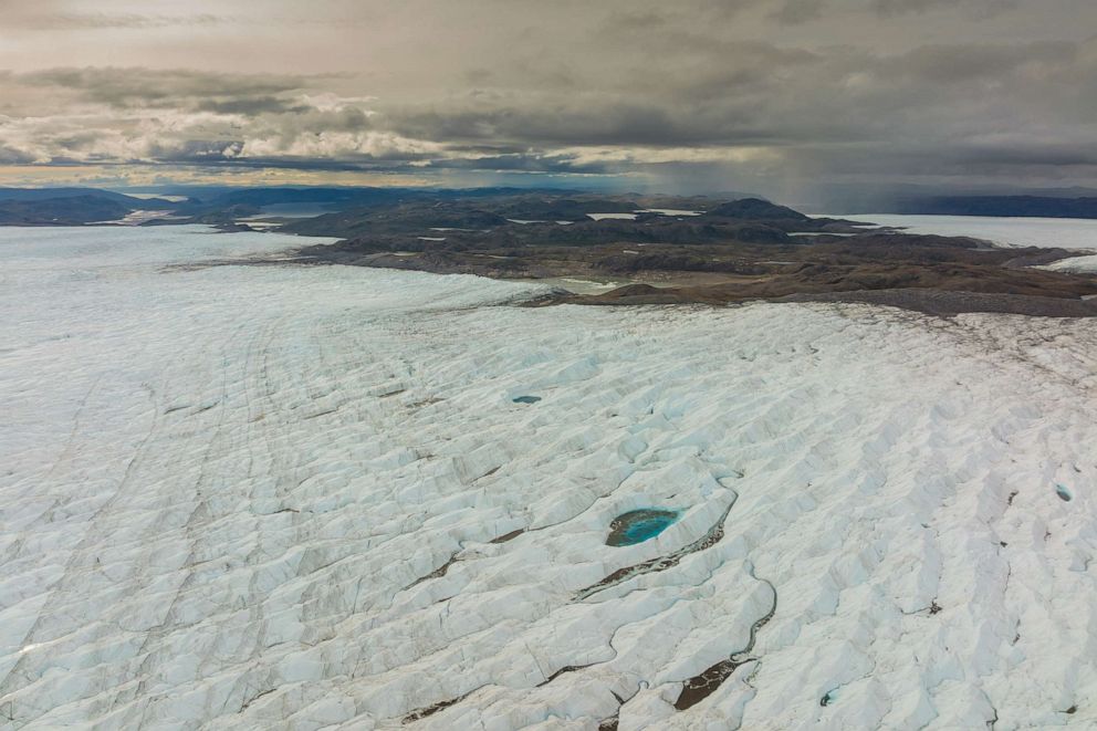 PHOTO: An aerial view of meltwater lakes formed at the Russell Glacier front, part of the Greenland ice sheet in Kangerlussuaq, Greenland, on Aug. 16, 2022.