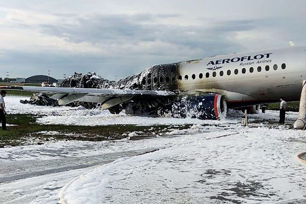 PHOTO: The scene of a crash of a Russian Airlines plane at Sheremetyevo airport outside of Moscow, May 5, 2019. 
