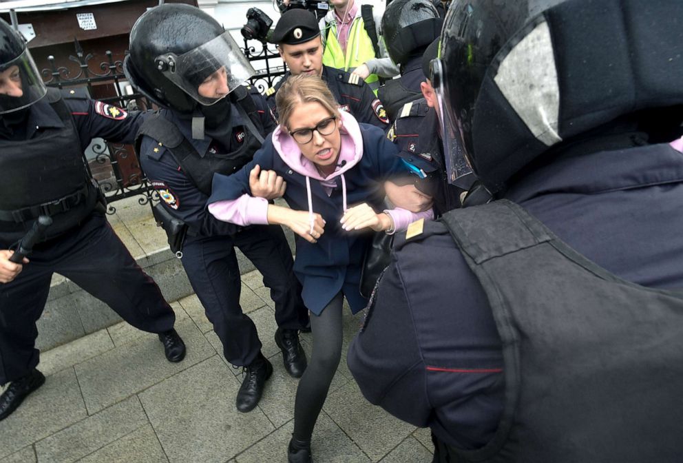 PHOTO: Police officers detain an opposition candidate Lyubov Sobol during a demonstration in Moscow, Aug. 3, 2019. 