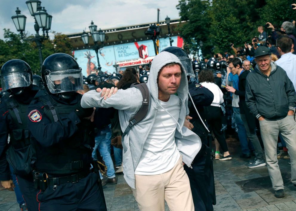 PHOTO: Police officers detain a demonstrator during an unsanctioned rally in Moscow, Aug. 3, 2019. 