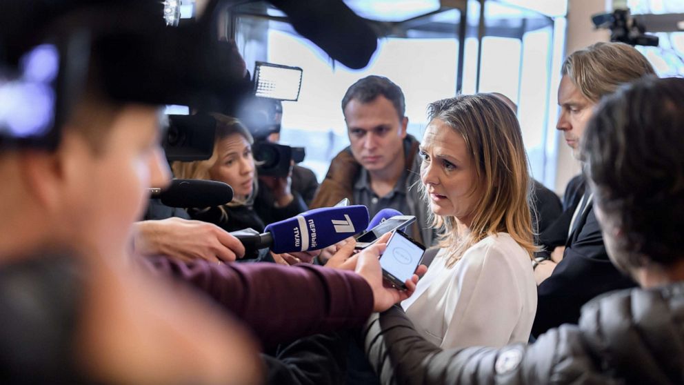 PHOTO: Norway's Linda Hofstad Helleland, a member of the World Anti-Doping Agency (WADA) foundation board, answers journalists following a meeting of WADA's executive committee on Dec. 9, 2019 in Lausanne. (Photo by FABRICE COFFRINI/AFP via Getty Images)